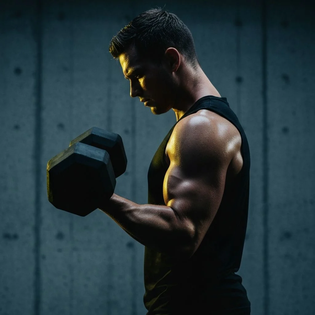 Athlete training in a dark gym lit by a warm yellow rim light